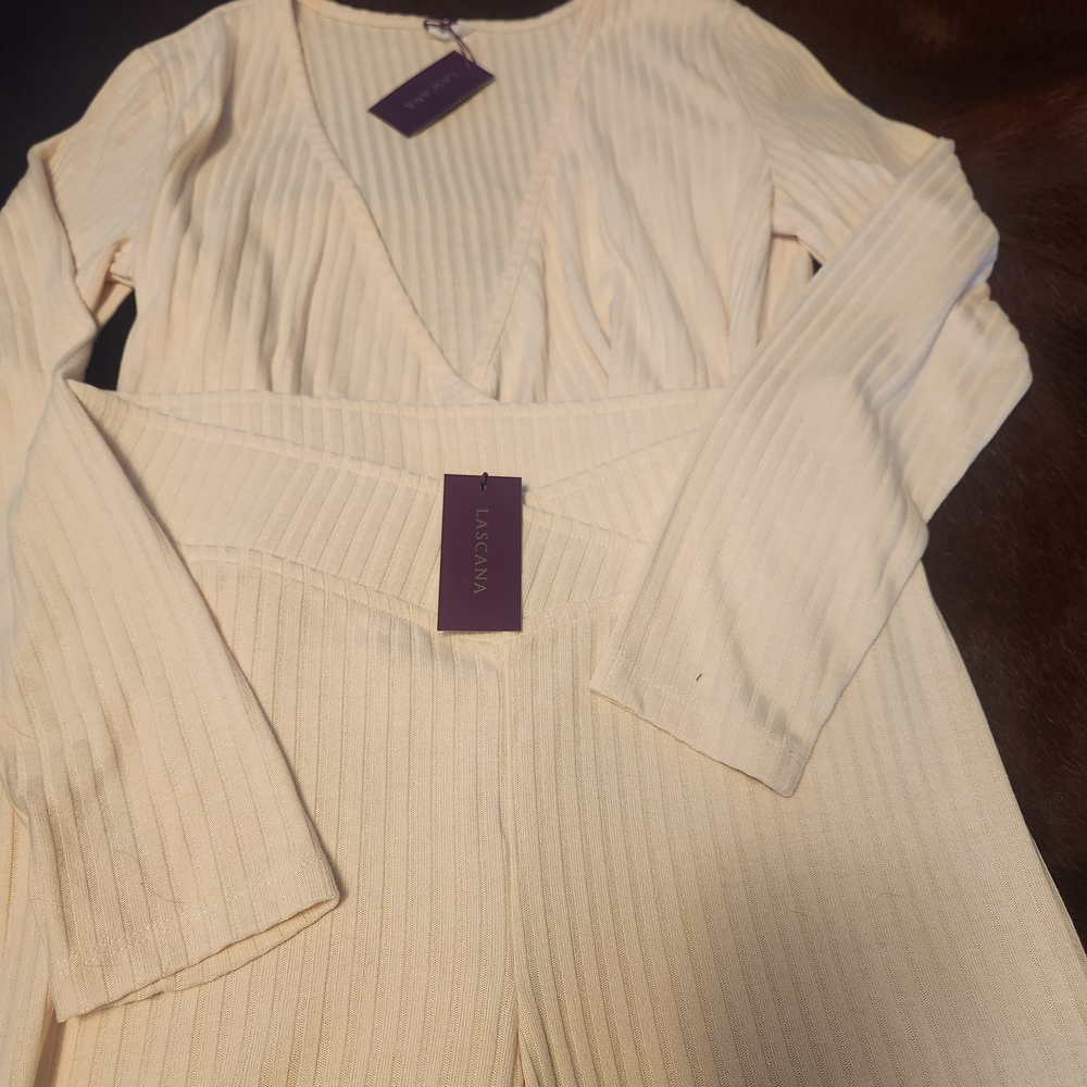 Cream Long Sleeve Ribbed Lounge Set